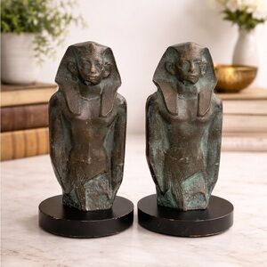 Egyptian Pharaoh Bust Bookends Pair Sculptural Verdigris Patina 8.5"